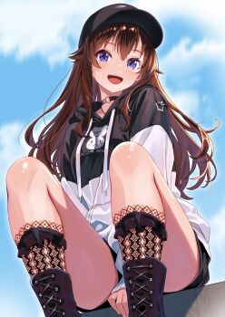 1girl baseball_cap black_boots black_choker black_hat black_hoodie black_shorts black_socks blue_eyes boots breasts brown_hair choker commentary_request hat highres hololive hood hoodie lace_socks long_hair open_mouth shorts socks solo tokino_sora tooo88 virtual_youtuber white_hoodie