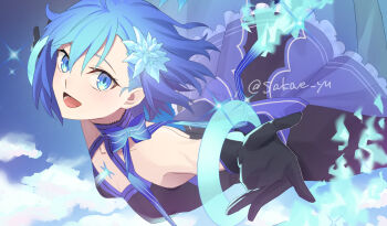 1girl bare_arms bare_shoulders black_dress black_gloves blue_dress blue_eyes blue_flower blue_hair blush breasts c.i.e.l_(fate) ciel_(tsukihime) dress elbow_gloves fate/grand_order fate_(series) floating_hair flower gloves hair_flower hair_ornament highres looking_at_viewer official_alternate_costume outstretched_hand reaching reaching_towards_viewer short_hair sleeveless sleeveless_dress small_breasts smile solo star_ciel_(fate) tsukihime twitter_username two-tone_dress yu_sakae