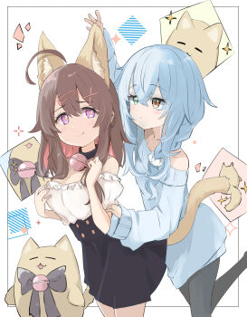 2girls absurdres ahoge animal_ear_fluff animal_ears arm_up bare_shoulders bell black_skirt blue_hair blue_sweater blush braid breasts brown_eyes brown_hair cleavage commentary_request commission green_eyes grey_pantyhose hair_between_eyes hair_ornament hair_over_shoulder hair_scrunchie hairclip heterochromia highres jingle_bell long_hair medium_breasts multiple_girls neck_bell off-shoulder_shirt off_shoulder original pantyhose purple_eyes scrunchie shibainu_kisetsu shirt skeb_commission skirt small_sweatdrop sparkle standing standing_on_one_leg sweat sweater tail white_scrunchie white_shirt x_hair_ornament