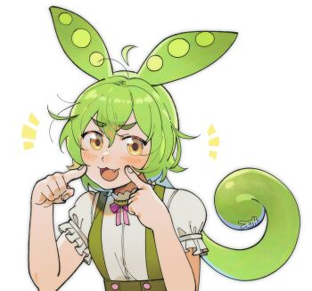1girl :3 animal_ears artist_name blush green_hair green_suspenders hair_between_eyes highres johan_(deathamaranth) long_hair looking_at_viewer notice_lines open_mouth ponytail shirt short_sleeves simple_background solo upper_body voiceroid white_background white_shirt yellow_eyes zundamon
