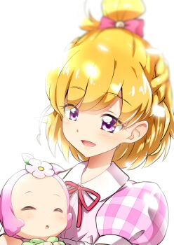 Rule 34 | 2girls, asahina mirai, baby, baby carry, backlighting, blonde hair, blurry, blurry background, bow, braid, carrying, casual, checkered clothes, checkered shirt, collared shirt, commentary, depth of field, ha-chan (mahou girls precure!), hair bow, looking at another, mahou girls precure!, motherly, multiple girls, neck ribbon, one side up, open mouth, pink bow, pink shirt, precure, puffy short sleeves, puffy sleeves, purple eyes, red ribbon, ribbon, shirt, short hair, short sleeves, smile, wing collar, yuto (dialique)