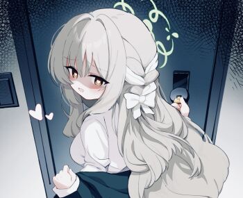 Rule 34 | 1girl, :d, aura, blue archive, blush, bow, braid, breasts, chinese commentary, commentary request, dark aura, door, eyes visible through hair, from behind, green halo, grey hair, grey jacket, hair between eyes, hair bow, hair intakes, hair over shoulder, hair ribbon, halo, heart, heart-shaped pupils, highres, holding, holding key, indoors, jacket, jacket partially removed, key, large breasts, locking, long hair, long sleeves, looking at viewer, looking back, meng yin, miyo (blue archive), open mouth, ribbon, ribbon braid, shaded face, shirt, side braid, sidelocks, smile, solo, symbol-shaped pupils, undressing, upper body, very long hair, white bow, white ribbon, white shirt, yandere, yellow eyes