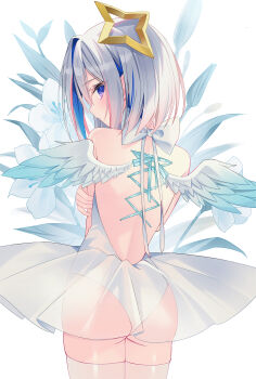 1girl absurdres amane_kanata angel_wings ass backless_leotard ballet_dress bare_shoulders blue_hair blue_wings bob_cut colored_inner_hair commentary feathered_wings floral_background from_behind gradient_wings grey_hair halo highres holding_own_arm hololive leotard looking_at_viewer looking_back median_furrow mini_wings multicolored_hair multicolored_wings pink_hair purple_eyes short_hair single_hair_intake solo star_halo streaked_hair tilted_halo ureinnn virtual_youtuber whip white_background white_leotard white_wings wings