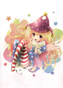 1girl american_flag_dress american_flag_legwear artbook blonde_hair blush clownpiece double_v fairy fairy_wings full_body hat highres jester_cap long_hair looking_at_viewer open_mouth pantyhose polka_dot print_pantyhose puffy_sleeves red_eyes scan short_sleeves smile solo star_(symbol) striped_clothes striped_pantyhose touhou uta_(kuroneko) v wings