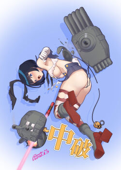 1girl animal_ears ass black_panties blue_eyes blue_sailor_collar blue_skirt boots breasts cannon commentary_request cosplay covered_erect_nipples damaged dated elbow_gloves energy_sword fake_animal_ears full_body gloves gundam gundam_gquuuuuux highleg highleg_panties kantai_collection large_breasts leg_up micro_panties microskirt midriff miniskirt moke_ro new_year open_mouth panties rabbit_ears sailor_collar school_uniform serafuku shiiko_sugai shimakaze_(kancolle) shimakaze_(kancolle)_(cosplay) short_hair skirt sleeveless solo standing standing_on_one_leg striped_clothes striped_thighhighs sword thighhighs thong torn_clothes torpedo torpedo_launcher underwear weapon white_gloves