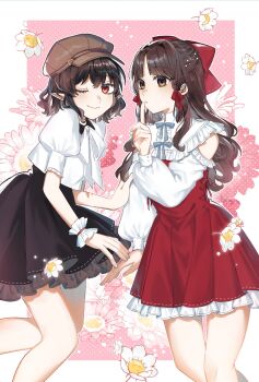 2girls absurdres alternate_costume black_dress bow bowtie brown_eyes brown_hair brown_hat closed_mouth commentary dress flower flower_request frilled_dress frills hair_bow hair_ribbon hakurei_reimu hat highres long_hair looking_at_viewer medium_hair multiple_girls one_eye_closed pointy_ears puffy_short_sleeves puffy_sleeves red_bow red_dress red_eyes red_ribbon ribbon ribbon-trimmed_dress ribbon_trim shameimaru_aya short_sleeves smile toraneko_2 touhou white_bow white_bowtie white_flower wrist_cuffs