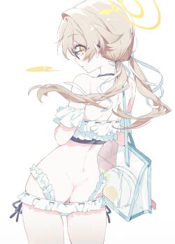 Rule 34 | 1girl, ?, absurdres, ass, bikini, blue archive, butt crack, frilled bikini, frills, from behind, hair ornament, halo, hifumi (blue archive), hifumi (swimsuit) (blue archive), highres, long hair, low twintails, lowleg, lowleg bikini, meunhongcha, off-shoulder bikini, off shoulder, official alternate costume, ribbon-trimmed bikini, ribbon-trimmed swimsuit, ribbon trim, ruffle bikini, solo, spoken question mark, sunglasses, swimsuit, transparent bag, twintails, white background, white bikini, wing hair ornament, winged halo, yellow halo
