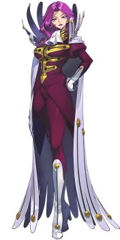 1girl arm_up ascot boots breasts cape coat code_geass code_geass:_genesic_re;code cornelia_li_britannia curtained_hair forehead full_body gloves happy high_collar highres juliet_sleeves large_breasts lipstick long_hair long_sleeves looking_at_viewer makeup military_uniform official_art outstretched_arm parted_lips puffy_sleeves purple_eyes purple_hair purple_lips red_coat sidelocks smile solo standing teeth transparent_background upper_body v-shaped_eyebrows white_ascot white_boots white_cape white_gloves