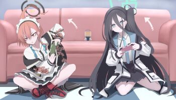 2girls \||/ absurdres ahoge aqua_halo aris_(blue_archive) arrow_(symbol) black_hair black_hairband black_halo black_jacket black_nails black_skirt blue_archive blue_eyes blue_necktie blush braid center_frills closed_mouth collared_shirt commentary_request controller couch cross-laced_shoes doro9363 double-parted_bangs dress_shirt earrings eyelashes floral_print floral_print_jacket frilled_shirt frills full_body game_controller gamepad hair_between_eyes hairband halo hands_up highres huge_ahoge indian_style indoors jacket jewelry kei_(robot)_(blue_archive) long_hair long_hair_between_eyes looking_at_viewer maid maid_headdress millennium_science_school_logo miniskirt mole mole_under_eye multiple_girls nail_polish necktie neru_(blue_archive) on_floor one_side_up open_clothes open_jacket open_mouth orange_hair partial_commentary playing_games pleated_skirt rectangular_halo red_eyes red_shoes ringed_eyes school_uniform serious shadow shirt shoes short_hair single_braid sitting skirt slit_pupils sneakers straight_hair stud_earrings sukajan tsurime v-shaped_eyebrows very_long_hair white_jacket white_shirt white_sleeves yokozuwari