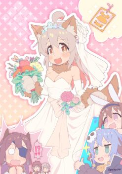 Rule 34 | !?, 2boys, 4girls, :3, :d, @ @, ahoge, alternate breast size, alternate costume, animal ear fluff, animal ears, animal hands, artist name, bare shoulders, black hairband, blank eyes, blue hair, blush, bouquet, breasts, bridal veil, bride, brown eyes, brown hair, card, chibi, chibi inset, commentary, dog ears, dog girl, dog tail, dress, elbow gloves, eyepatch, fang, flower, flying sweatdrops, fujimi nemu, fushimi nodoka, gloves, grey hair, hair ornament, hairband, highres, holding, holding bouquet, hozuki momiji, looking at viewer, matado (almukha), medium breasts, multicolored hair, multiple boys, multiple girls, neck fur, o o, onii-chan wa oshimai!, open mouth, outline, oyama mahiro, pink hair, pointy ears, rabbit ears, sakurada yuuta, senkawa minato, skirt hold, skull hair ornament, smile, sparkle, spoken interrobang, strapless, strapless dress, tail, thumbs up, tiara, twitter username, two-tone hair, veil, wedding dress, white dress, white gloves, white outline
