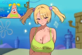 Rule 34 | 1girl, blonde hair, breasts, building, character name, closed mouth, commentary request, crop top, gamtoryy, genderswap, genderswap (mtf), green shirt, grey eyes, highres, korean commentary, large breasts, patrick star, screenshot inset, shirt, smile, solo, spongebob squarepants (series), twintails, underwater
