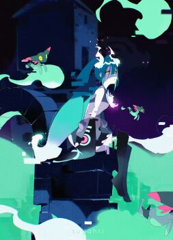 1girl absurdres aqua_hair bare_shoulders black_skirt black_sleeves black_thighhighs collared_shirt detached_arm detached_legs detached_sleeves dreepy gen_4_pokemon gen_8_pokemon ghost_miku_(project_voltage) giratina giratina_(origin) glitch grey_shirt hair_between_eyes hatsune_miku highres hitodama legendary_pokemon long_hair looking_at_viewer nintendo pale_skin pokemon print_sleeves project_voltage shirt skirt sleeveless sleeveless_shirt sleeves_past_fingers sleeves_past_wrists sugahri thighhighs twintails very_long_hair vocaloid wide_sleeves will-o'-the-wisp_(mythology) yellow_eyes