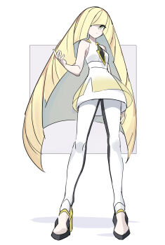 1girl absurdres arm_up blonde_hair commentary diagonal_bangs dress full_body green_eyes high_heels highres huanxiang_huifeng long_hair lusamine_(pokemon) nintendo pants pokemon pokemon_sm short_dress simple_background sleeveless sleeveless_dress solo square standing symbol-only_commentary very_long_hair white_background white_dress white_pants