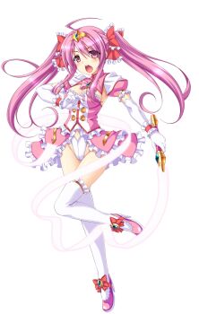 1girl ahoge aoi_masami arty_cherry blush bow breasts cleavage dress elbow_gloves frills full_body game_cg gloves hair_bow harukaze_mai_(tsmg_nao!) high_heels highres large_variant_set leotard long_hair looking_at_viewer magical_girl medium_breasts non-web_source official_art open_mouth pink_eyes pink_hair ribbon shoes solo standing sword thighhighs tiara transparent_background ts_magical_girl_nao twintails variant_set weapon white_gloves white_thighhighs