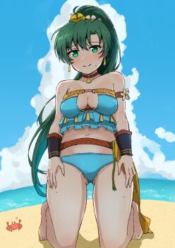 1girl beach bikini blue_sky breasts cloud crab fire_emblem fire_emblem:_the_blazing_blade fire_emblem_heroes flower green_eyes green_hair hair_flower hair_ornament kneeling long_hair looking_at_viewer lyn_(fire_emblem) lyn_(lady_of_the_beach)_(fire_emblem) midriff nintendo ocean ponytail sky smile swimsuit vankin water
