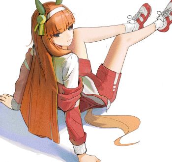 Rule 34 | 1girl, animal ears, blue eyes, blunt bangs, closed mouth, ear covers, full body, hairband, hashtag-only commentary, highres, horse ears, horse girl, horse tail, jacket, long hair, orange hair, red jacket, red shoes, red shorts, shirt, shoes, shorts, silence suzuka (umamusume), simple background, sitting, sneakers, socks, solo, tail, tracen training uniform, track jacket, umamusume, white background, white hairband, white shirt, white socks, woxinruhuo
