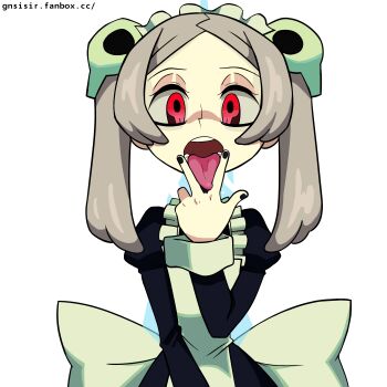 1girl absurdres apron black_nails bloody_marie_(skullgirls) cunnilingus_gesture dress facing_viewer frilled_apron frills gesture gnsisir grey_hair hair_ornament highres juliet_sleeves light_brown_hair long_sleeves long_tongue looking_at_viewer maid maid_apron maid_headdress nail_polish open_mouth oral_invitation puffy_sleeves red_eyes sexually_suggestive sidelocks simple_background skull_hair_ornament skullgirls solo tongue tongue_out transparent_background twintails upper_body w white_background