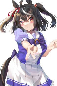 Rule 34 | 1girl, absurdres, ahoge, animal ears, black hair, blush, bow, bowtie, breasts, commentary request, ear ribbon, hair between eyes, highres, horse ears, horse girl, horse tail, kitasan black (umamusume), looking at viewer, multicolored hair, parted lips, pleated skirt, puffy short sleeves, puffy sleeves, purple bow, purple bowtie, purple shirt, red eyes, sailor collar, sailor shirt, school uniform, shirt, short hair, short sleeves, simple background, skirt, smile, solo, streaked hair, tail, tracen school uniform, umamusume, v, white background, white hair, white sailor collar, white skirt, yoru usagi