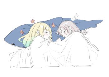 2girls aizawa_ema asumi_sena blonde_hair blush cattleya_regina_games closed_eyes cropped_torso facing_another gradient_hair green_hair hanada_ten highres long_hair multicolored_hair multiple_girls shared_blanket shared_pillow sketch sleeping streaked_hair stuffed_animal stuffed_shark stuffed_toy virtual_youtuber vspo! white_background white_hair zzz