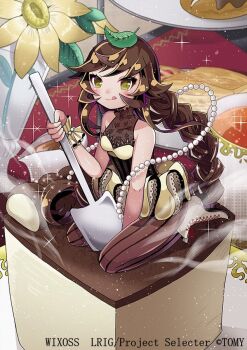 1girl black_pantyhose braid brown_hair closed_mouth copyright_notice cup dress high_heels kei_s01 leaf leaf_on_head looking_at_viewer mini_person official_art pantyhose shoes smile solo tea teacup tiramisu tiramisu_(wixoss) tongue tongue_out twin_braids white_dress white_shoes wixoss
