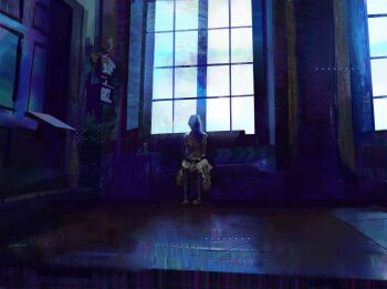 1other absurdres art_study artist_self-insert blue_theme commentary day door dress english_commentary environment_study faceless full_body hands_on_lap highres indoors italy jay0ni original sitting solo tile_floor tiles window window_light