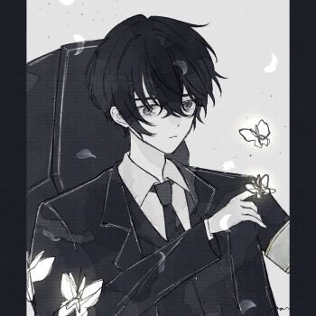 Rule 34 | 1boy, black coat, black hair, black necktie, black vest, bug, butterfly, coat, coffin, collared shirt, crossed bangs, double-parted bangs, e.g.o (project moon), falling feathers, feathers, grey eyes, greyscale, hair between eyes, highres, insect, limbus company, looking at animal, male focus, monochrome, necktie, official alternate costume, open clothes, open coat, outstretched hand, project moon, shirt, short hair, solemn lament (e.g.o), solo, upper body, vest, white butterfly, white shirt, yi sang (project moon), yionsim