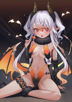 1girl :p bare_shoulders black_shoes blush breasts bright_pupils demon_girl demon_horns demon_tail demon_wings detached_sleeves fang fur_collar glowing gradient_background gradient_hair highres horns long_hair long_sleeves looking_at_viewer multicolored_hair navel orange_hair orange_wings original pointy_ears red_eyes revealing_clothes shibainu shoes sitting small_breasts solo sparkle tail thigh_strap tongue tongue_out two_side_up wings