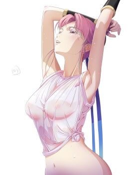 1girl armpits arms_up bracer breasts brown_eyes bun_cover commentary_request dragon_quest dragon_quest_dai_no_daibouken hair_bun highres looking_up maam medium_breasts navel nori_(norimakigumo) open_mouth pink_hair shirt short_hair signature simple_background solo tied_shirt upper_body wet wet_clothes wet_shirt white_background white_shirt