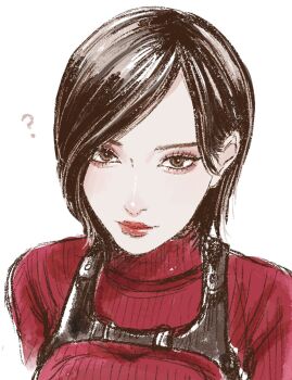 1girl ? ada_wong aegyo_sal asian balcony breasts brown_eyes commentary hashtag-only_commentary highres illust2222 large_breasts lips portrait red_lips red_sweater resident_evil resident_evil_4 resident_evil_4_(remake) ribbed_sweater short_hair smile solo sweater turtleneck turtleneck_sweater