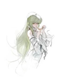 1girl absurdres bare_shoulders c.c. closed_mouth code_geass detached_sleeves eating food green_hair highres kanji_(nievart) long_hair looking_at_viewer pizza simple_background solo very_long_hair white_background yellow_eyes