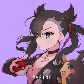 1girl arm_up asymmetrical_bangs black_choker black_hair black_jacket black_nails choker collarbone dress earrings from_side gen_8_pokemon green_eyes hair_ribbon holding holding_poke_ball jacket jewelry lixiao_lang looking_ahead marnie_(pokemon) morpeko morpeko_(full) nintendo pink_dress poke_ball poke_ball_(basic) pokemon pokemon_(creature) pokemon_swsh purple_background red_ribbon ribbon stud_earrings twintails undercut upper_body v-shaped_eyebrows