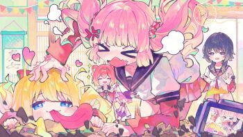 Rule 34 | > <, 4girls, :3, :d, ^ ^, ahoge, akaza akari, anger vein, angry, black hair, black sailor collar, blonde hair, blue eyes, blunt bangs, blunt ends, bow, camera, chinese commentary, closed eyes, closed mouth, commentary request, double bun, double v, fighting, figure, floating hair, funami yui, hair between eyes, hair bobbles, hair bow, hair bun, hair intakes, hair ornament, hand on another's head, hanging scroll, hat, heart, highres, indoors, long hair, long sleeves, long tongue, medium hair, miniskirt, motion lines, multiple girls, nanamori school uniform, open mouth, pink hair, pink skirt, pleated skirt, puff of air, purple eyes, red bow, red hair, sailor collar, sample watermark, school uniform, scroll, serafuku, shirt, short sleeves, sidelocks, skirt, smile, tongue, tongue out, toshinou kyouko, twintails, upper body, v, v-shaped eyebrows, viewfinder, watermark, wavy mouth, white shirt, witch hat, xianyuzi, yoshikawa chinatsu, yuruyuri