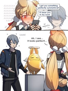 absurdres alice_thymefield animal_ears bangboo_(zenless_zone_zero) black_shirt blonde_hair blue_eyes blush condom dorahdew fingerless_gloves gloves golden_bangboo grey_hair heterochromia highres imagining misunderstanding phone rabbit_ears shirt skirt statue tail twintails wings wise_(zenless_zone_zero) zenless_zone_zero