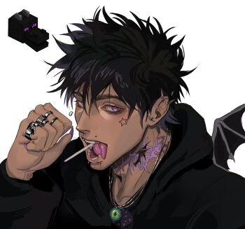 1boy absurdres arm_up black_hair black_hoodie clenched_hand commentary dark-skinned_male dark_skin ear_piercing earrings ender_dragon face_piercing fingernails forked_tongue genderswap genderswap_(ftm) hashtag-only_commentary highres hood hood_down hoodie iba_(kcokaine) jewelry labret_piercing looking_to_the_side male_focus minecraft multiple_rings neck_tattoo necklace open_mouth personification piercing purple_eyes ring sharp_fingernails short_hair sideways_glance simple_background star_(symbol) tattoo teeth tongue tongue_out upper_body white_background wings