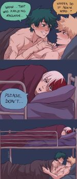 3boys absurdres aftersex artist_name awkward bakudeku bakugou_katsuki bed blonde_hair blue_background blush boku_no_hero_academia bones_(company) bunk_bed comic completely_nude english_text freckles green_hair head_on_pillow highres listening looking_at_another lying lying_on_person male_focus midoriya_izuku multicolored_hair multiple_boys muscular muscular_male nikkiyan nude on_back on_bed on_side pectoral_grab pillow scar scar_on_arm shounen_jump simple_background source_request speech_bubble spiked_hair sweat todoroki_shoto two-tone_hair unamused under_covers very_sweaty yaoi
