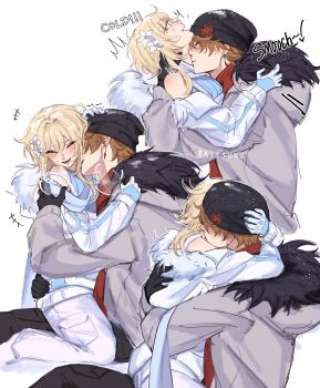 1boy 1girl aitsuwu blonde_hair blue_coat blush closed_eyes coat couple english_text flower fur_trim genshin_impact grey_coat hair_flower hair_ornament highres hug kiss kissing_neck lumine_(genshin_impact) orange_hair tartaglia_(genshin_impact) watermark winter