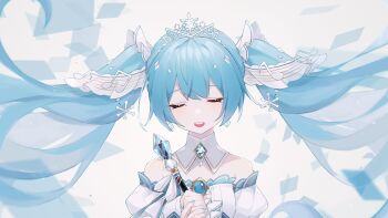 Rule 34 | 1girl, aqua hair, aqua nails, closed eyes, detached collar, dress, earrings, fortissimo, frilled dress, frills, hair between eyes, hair ornament, hatsune miku, heridy, highres, holding, holding wand, jewelry, miku day, musical note, musical note hair ornament, musical staff, musical staff print, official alternate costume, official alternate hairstyle, open mouth, simple background, smile, solo, strapless, strapless dress, upper body, vocaloid, wand, white background, white dress, white tiara, yuki miku, yuki miku (2019)