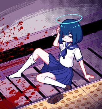 Rule 34 | > <, 1girl, angel, aqua eyes, aqua hair, arm support, blood, blood splatter, blue choker, blue hair, blue neckerchief, blue sailor collar, blue skirt, blunt bangs, blunt ends, blush, bob cut, breasts, brown shoes, chibikki, choker, closed eyes, closed mouth, collarbone, collared shirt, colored inner hair, commentary, dazed, dithered background, dithering, dot mouth, dress shirt, fallen down, full body, halo, hand on own head, implied death, knee up, leaning back, loafers, multicolored hair, nanako (chibikki), neckerchief, on ground, original, pink background, pixel art, pleated skirt, railroad tracks, right shoe removed, sailor collar, school uniform, serafuku, shirt, shoes, short hair, simple background, single loose sock, single shoe, sitting, skirt, small breasts, socks, solo, squeans, subway, subway station, symbol-only commentary, tactile paving, train station platform, two-tone hair, unworn shoe, vignetting, wariza, white shirt, white socks