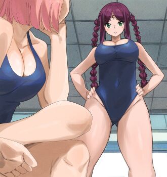 2girls braid breasts cleavage colorized dead_rock freyr_(dead_rock) gaston18 green_eyes highres large_breasts long_hair mashima_hiro mikoto_(dead_rock) multiple_girls one-piece_swimsuit pink_hair purple_hair swimsuit twin_braids