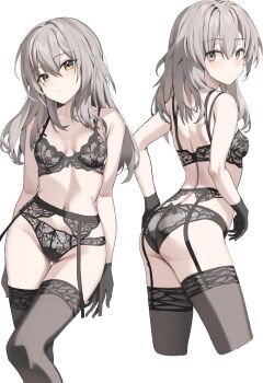 Rule 34 | 1girl, absurdres, ass, black bra, black garter belt, black gloves, black panties, black thighhighs, bra, breasts, closed mouth, commentary, garter belt, gloves, grey hair, highres, honkai: star rail, honkai (series), lingerie, long hair, looking at viewer, medium breasts, multiple views, navel, panties, parted lips, scarlet (wv0102), simple background, stelle (honkai: star rail), stomach, thighhighs, thighs, trailblazer (honkai: star rail), underwear, underwear only, untranslatable commentary, wavy hair, white background, yellow eyes
