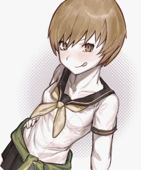 1girl :p arm_at_side black_sailor_collar black_skirt blush brown_eyes brown_hair closed_mouth clothes_around_waist collarbone commentary compactform cowboy_shot dutch_angle english_commentary hair_between_eyes hand_on_own_hip highres jacket jacket_around_waist looking_at_viewer neckerchief persona persona_4 pleated_skirt sailor_collar satonaka_chie school_uniform shirt short_hair short_sleeves skirt solo tongue tongue_out white_background white_shirt yasogami_school_uniform yellow_neckerchief