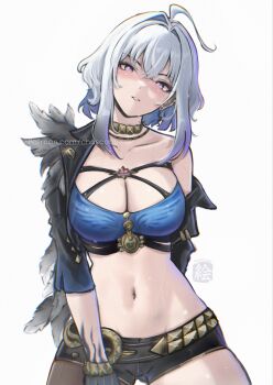 1girl absurdres ahoge black_jacket black_pantyhose black_shorts blue_bra blush bra breasts chascoby cleavage commentary cowboy_shot cropped_jacket galbrena_(wuthering_waves) grey_hair highres jacket large_breasts looking_at_viewer medium_hair navel pantyhose parted_lips purple_eyes shorts simple_background single_bare_shoulder single_leg_pantyhose single_off_shoulder solo stomach sweat underwear white_background wuthering_waves