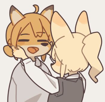 2girls =_= ahoge animated animated_gif black_sweater_vest closed_eyes commentary dog_girl english_commentary fox_girl furry furry_female grey_background grey_sweater hands_on_another's_cheeks hands_on_another's_face looking_at_another looping_animation multiple_girls office_lady open_mouth orange_fur original shirt sidelocks simple_background standing sweater sweater_vest white_shirt yagi_(s1120411) yellow_fur