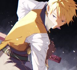 Rule 34 | 1boy, black background, blonde hair, blue eyes, brown gloves, collared shirt, drawing sword, gloves, grey pants, guy cecil, holding, holding sword, holding weapon, long sleeves, looking to the side, male focus, natsu (pan to peanut), pants, sheath, sheathed, shirt, smile, solo, sword, tales of (series), tales of the abyss, vest, weapon, white shirt, yellow vest