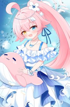 1girl absurdres ahoge air_bubble alternate_costume animal_print bead_choker beads belt blue_archive blue_belt blue_eyes blue_ribbon blush bubble choker clam_shell_ornament collarbone commentary dolphin_necklace dress fang fish fish_print flower frilled_dress frills hair_between_eyes hair_flower hair_ornament hair_ribbon halo head_tilt heterochromia highres holding holding_stuffed_toy hoshino_(blue_archive) huge_ahoge jellyfish jewelry long_hair necklace off-shoulder_dress off_shoulder open_mouth pink_hair pink_halo ponytail ribbon sleeveless smile solo standing star_(symbol) star_hair_ornament stuffed_animal stuffed_dolphin stuffed_toy symbol-only_commentary ttriwk very_long_hair whale_print white_dress white_hair white_wrist_cuffs wrist_cuffs yellow_eyes