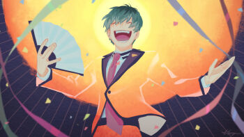 Rule 34 | 1boy, :d, \||/, ^ ^, aqua hair, belt, black belt, black trim, blending, blurry, blurry foreground, choppy bangs, closed eyes, commentary, confetti, contrast collar, contrast lapels, cowboy shot, depth of field, ear piercing, earrings, english commentary, fangs, fingernails, floating clothes, floating hair, folding fan, grin, hair between eyes, halo, hand fan, hand up, holding, holding fan, hypnosis mic, jacket, jewelry, lapel pin, lapels, light rays, long sleeves, male focus, multicolored hair, necktie, nurude sasara, open hand, open mouth, orange jacket, orange pants, outstretched arms, pants, paper texture, piercing, red necktie, shirt, short hair, signature, smile, solo, souyuu, straight-on, streamers, stud earrings, suit jacket, sun, symbolism, two-sided fabric, two-sided jacket, very short hair, white shirt
