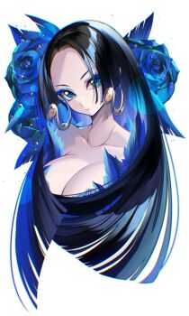 1girl black_hair blue_eyeshadow blue_flower blue_rose boa_hancock chromatic_aberration closed_mouth commentary crazy_otama earrings eyeshadow flower glint highres jewelry long_hair looking_at_viewer makeup one_piece rose sidelocks simple_background snake_earrings solo symbol-only_commentary upper_body white_background