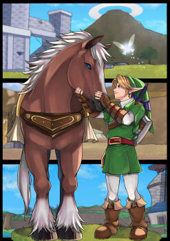 1boy absurdres blonde_hair blue_eyes boots brown_boots epona green_hat green_tunic hat highres horse leather leather_boots link master_sword mi9clous navi nintendo pants phrygian_cap shield shield_on_back shirt sword sword_on_back the_legend_of_zelda the_legend_of_zelda:_ocarina_of_time tunic vambraces weapon weapon_on_back white_pants white_shirt