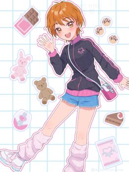 1girl aosa_misosoup bag black_jacket blue_shorts blush brown_eyes brown_hair cake cake_slice candy chocolate chocolate_bar commentary_request eyelashes food food_request futari_wa_precure grid_background handbag heart highres jacket leg_warmers misumi_nagisa open_mouth outline pink_outline precure shoes short_hair short_shorts shorts smile solo stuffed_animal stuffed_rabbit stuffed_toy teddy_bear teeth torn_clothes torn_shorts upper_teeth_only waving white_leg_warmers white_outline white_shoes