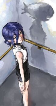 1girl absurdres black_choker black_shorts blue_hair bomb_devil_(chainsaw_man) chainsaw_man choker closed_mouth different_shadow green_eyes hair_between_eyes hair_bun highres indoors kirtome reze_(chainsaw_man) shirt shirt_tucked_in shorts sleeveless sleeveless_shirt solo standing white_shirt